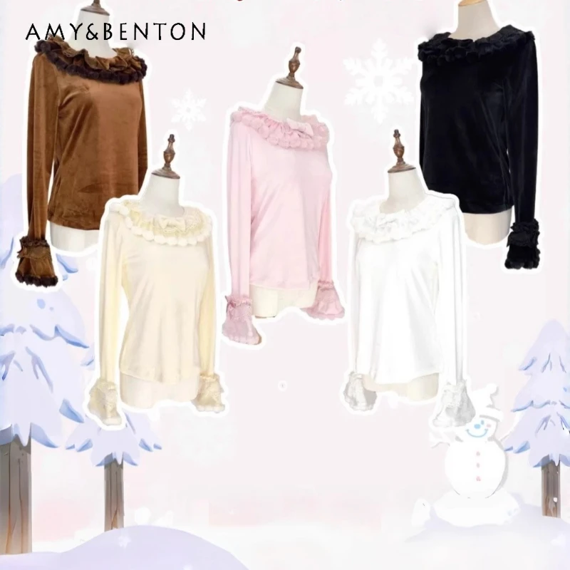 

Winter Thickened New Lolita Pullover Women's Bottoming Shirt French Sweet Lace Splicing Warm Versatile Long Sleeve Top Ladies