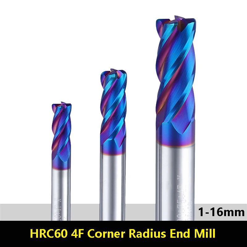 BEYOND Blue Nano HRC60 4 Flute Corner Radius End Mill 1pcs Solid Carbide Tungsten Steel Bull Nose 1-16mm R1 R2 Milling Cutter