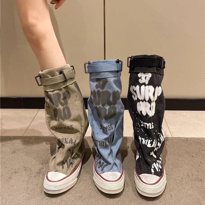 

Women's Spring Graffiti High Canvas Boots Round Head Middle Follow Anti-slip Boots Women Leisure Fashion Rubber Sole Botas Mujer