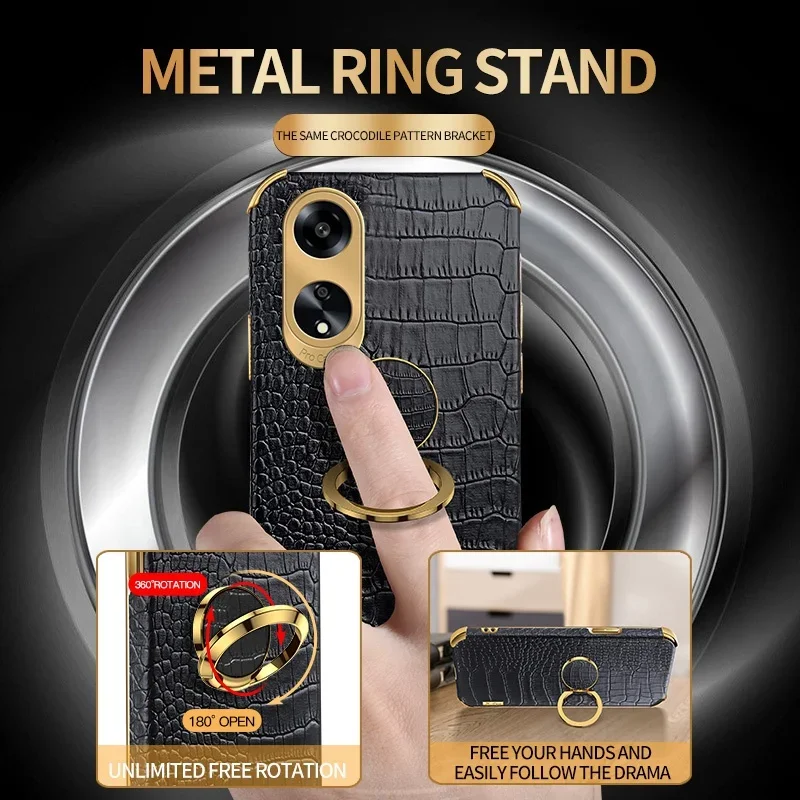 Crocodile Plating Case For OPPO A78 A58 A38 A18 A98 5G A17 A57 A57S A77S A96 A76 A16 A54S A74 Protective Cover Ring Holder Coque