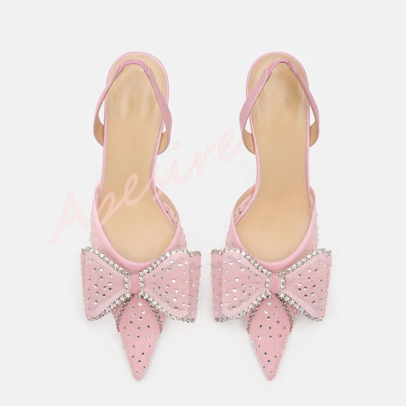 

Женские розовые сетчатые босоножки на высоком каблуке с бантом и стразами, острые босоножки на шпильке с ремешками, элегантные роскошные вечерние модельные свадебные туфли 46