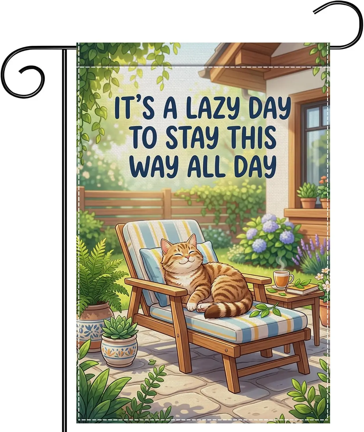 Funny Orange Tabby Cat Garden Flag 2x18 Inch Yard Decor | Double sided polyester, sleeping tabby artwork, lazy summer theme, uui