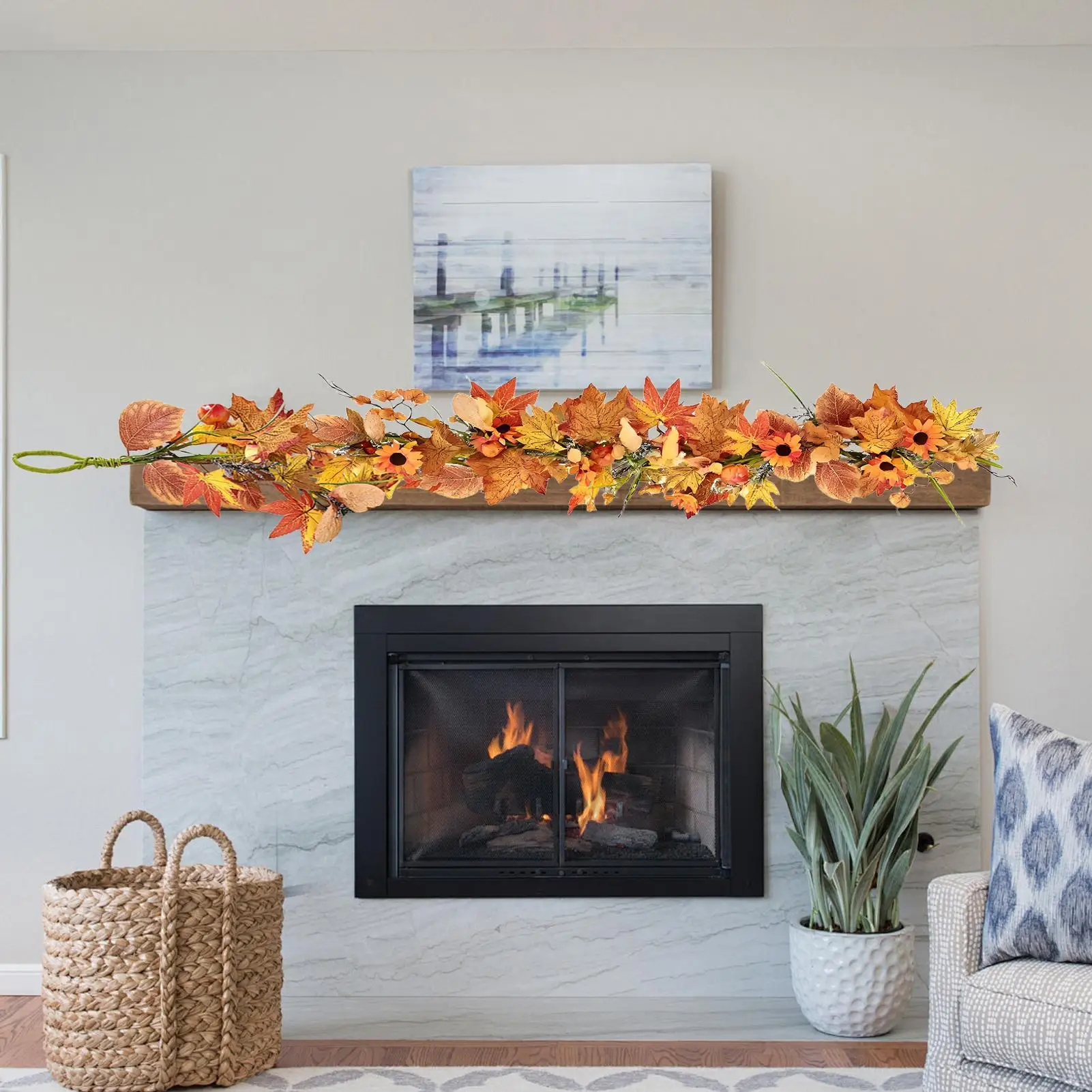 

Осенняя гирлянда для мантии 5,9 футов, искусственный домашний декор, тыквенные листья, осенняя гирлянда, уличный декор для вечеринки, камина, передняя дверь