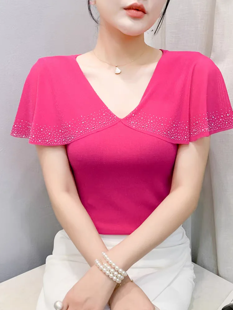 Sommer Top Frauen Gepatcht Rüschen Kurzarm Mesh V-ausschnitt Hohe Stretch Dünne T-shirts Weibliche Leichte Tanzen Tees