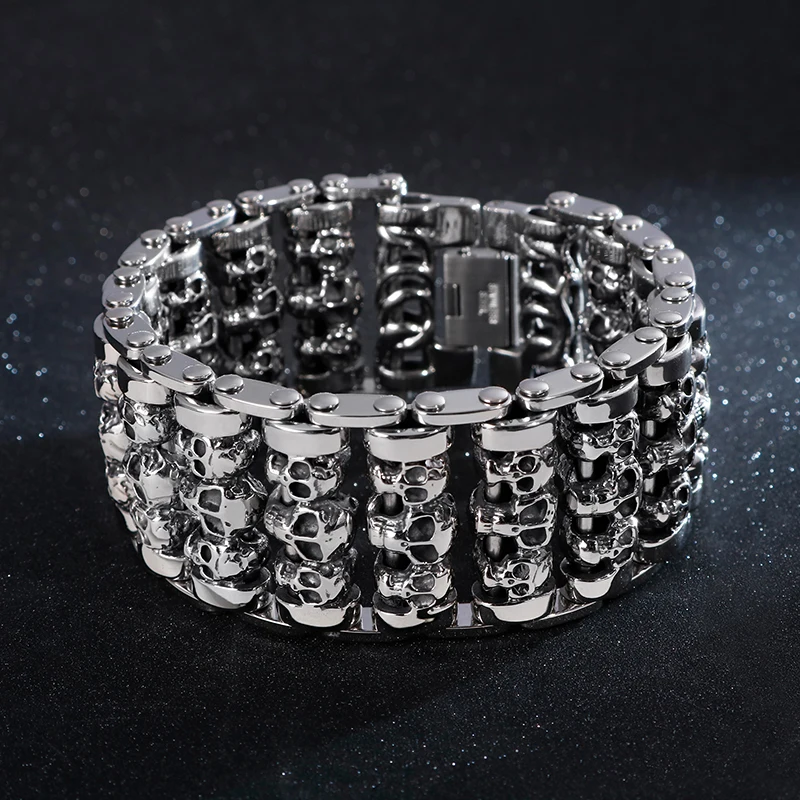 Big Stainless Steel Skull Charm Bracelets Men Metal Biker Viking Large Argent Bangle Jewelry