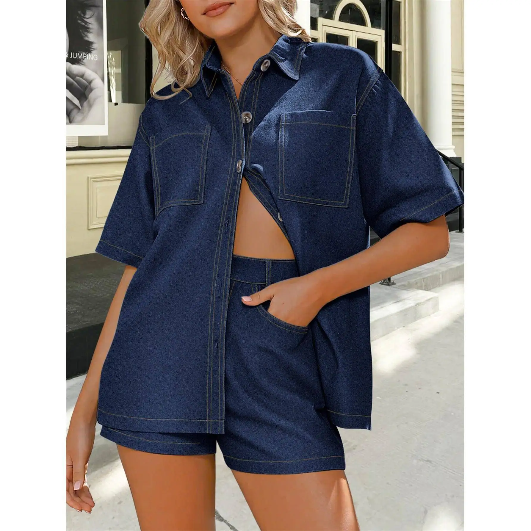 

Women's Denim Shirt Shorts Set Summer Fashion Three-Piece Suit No Brand Registered Trademark Sleeveless Cross-Border