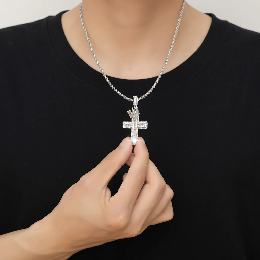 Ailodo Hip Hop Iced Out Crown Cross Pendant Necklace For Men Women Luxury AAAAA+ Cubic Zirconia Necklace Fashion Jewelry Gift