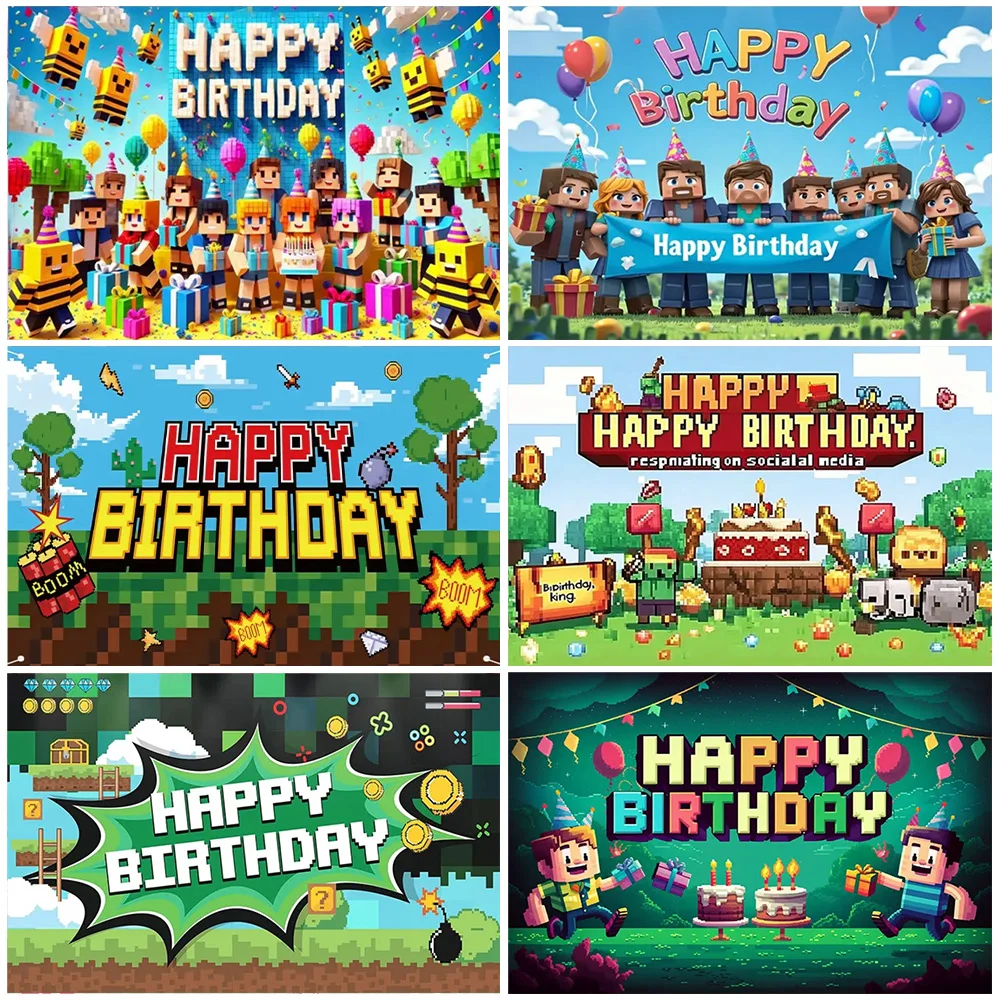 

Cartoon Pixel Style Happy Birthday Backdrop Game Birthday Party Decorations Photo Shoot Props Child Gifts Baby Shower Supplies