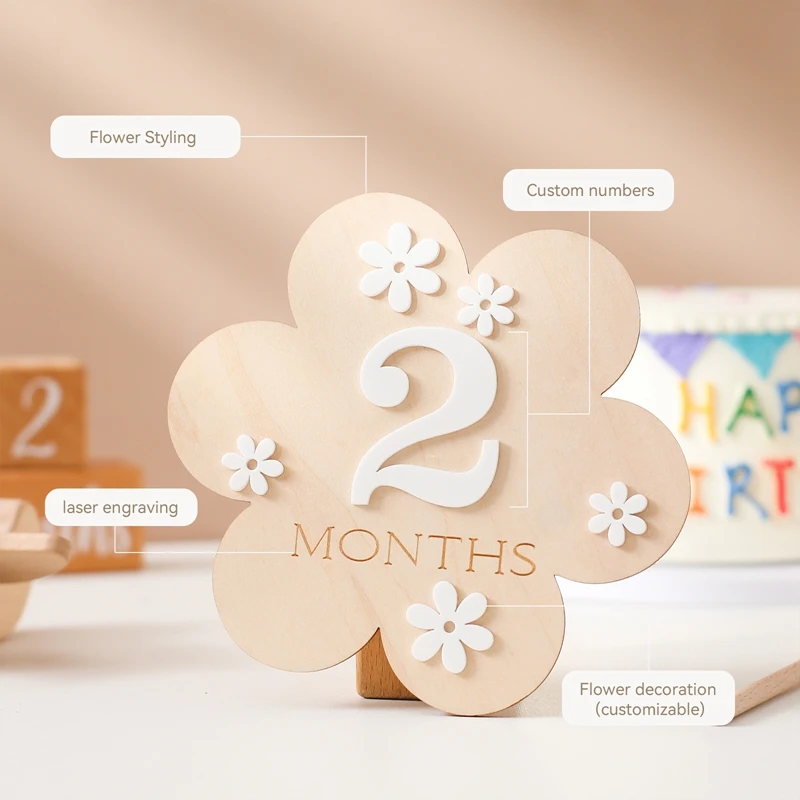 Wooden Baby Flower Shape Milestone Card Monthly Memorial Card Newborn Birthday Photography Accessories For Baby Birth Gift