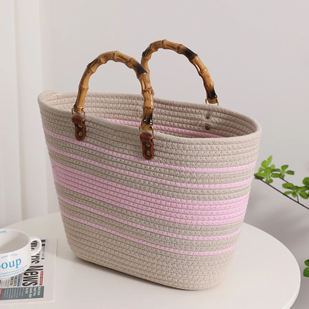 Cotton Woven Handbags Bamboo Handle Holiday Hand Bag Large Capacity Striped Portable Casual Fashion Exquisite for Seaside Party