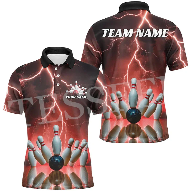 Custom Name Flame Bowling Ball Tattoo Vintage Button T-Shirt 3DPrint Summer Polo Jersey Shirts Harajuku Casual Short Sleeves A22