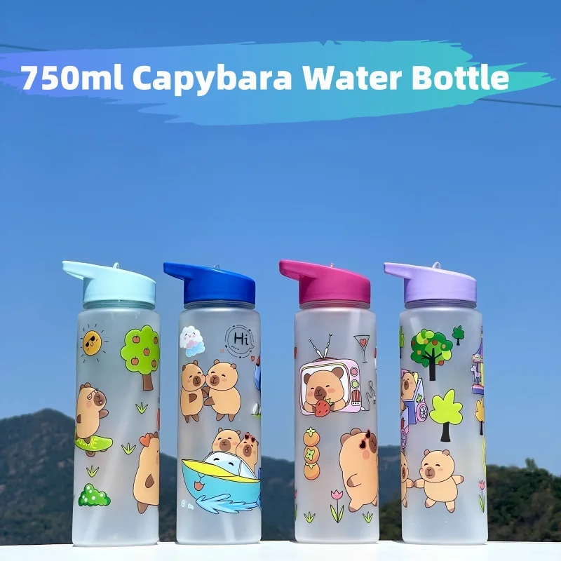750ml Capybara Printed Water Bottle With Straw Sippy Cup Leakproof Plastic Water Bottles For Outdoor Sports Camping Drink Cup