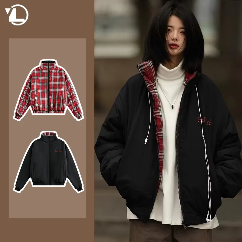 

Double-sided Winter Parkas Mens Stand Collar Vintage Plaid Cotton Jacket Lightweight Thicken Fluffy Street Couple Casual Coat