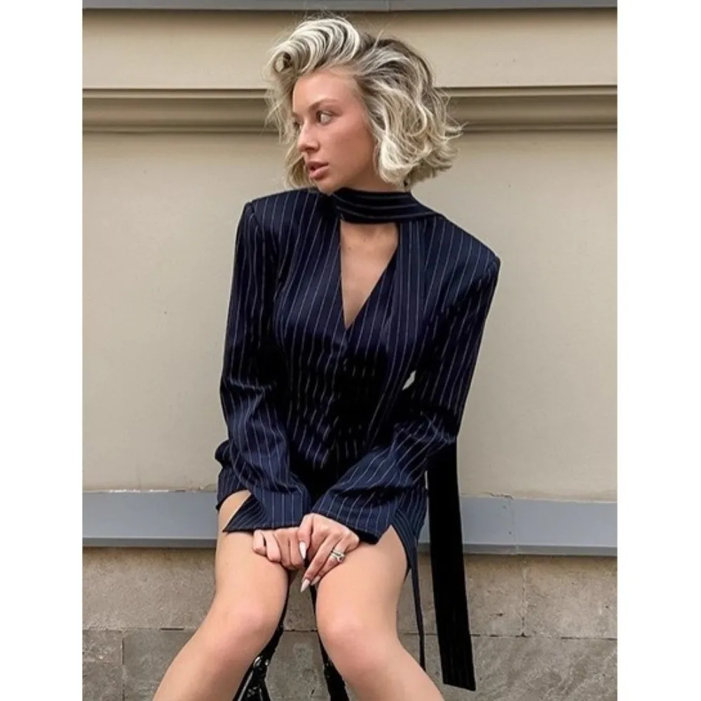 Chic Stripe Print Two Piece Skirt Outfit Halter Neck High Waist Skirt Suit Fitted Waist Work Outfit For Business Wear