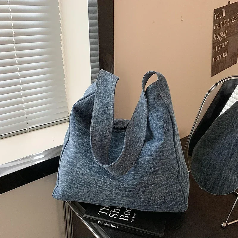 Denim Zipper Large Capacity Tote Bag 2024 Summer Casual Versatile Shoulder Bag Retro and Simple Underarm Commuting Bags