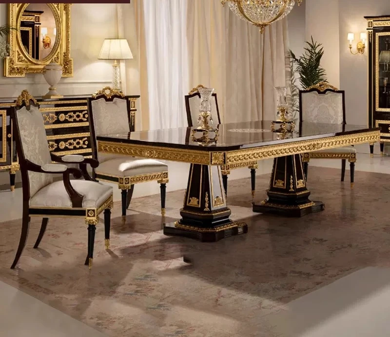 

European solid wood carving flower long chair neoclassical gold rectangular dining table round