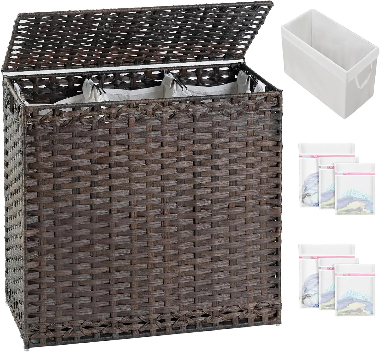 

132L Large Wicker Laundry Hamper with Lid, Handwoven Rattan Basket with Handles, 4 Liners & 6 Mesh Bags, Brown