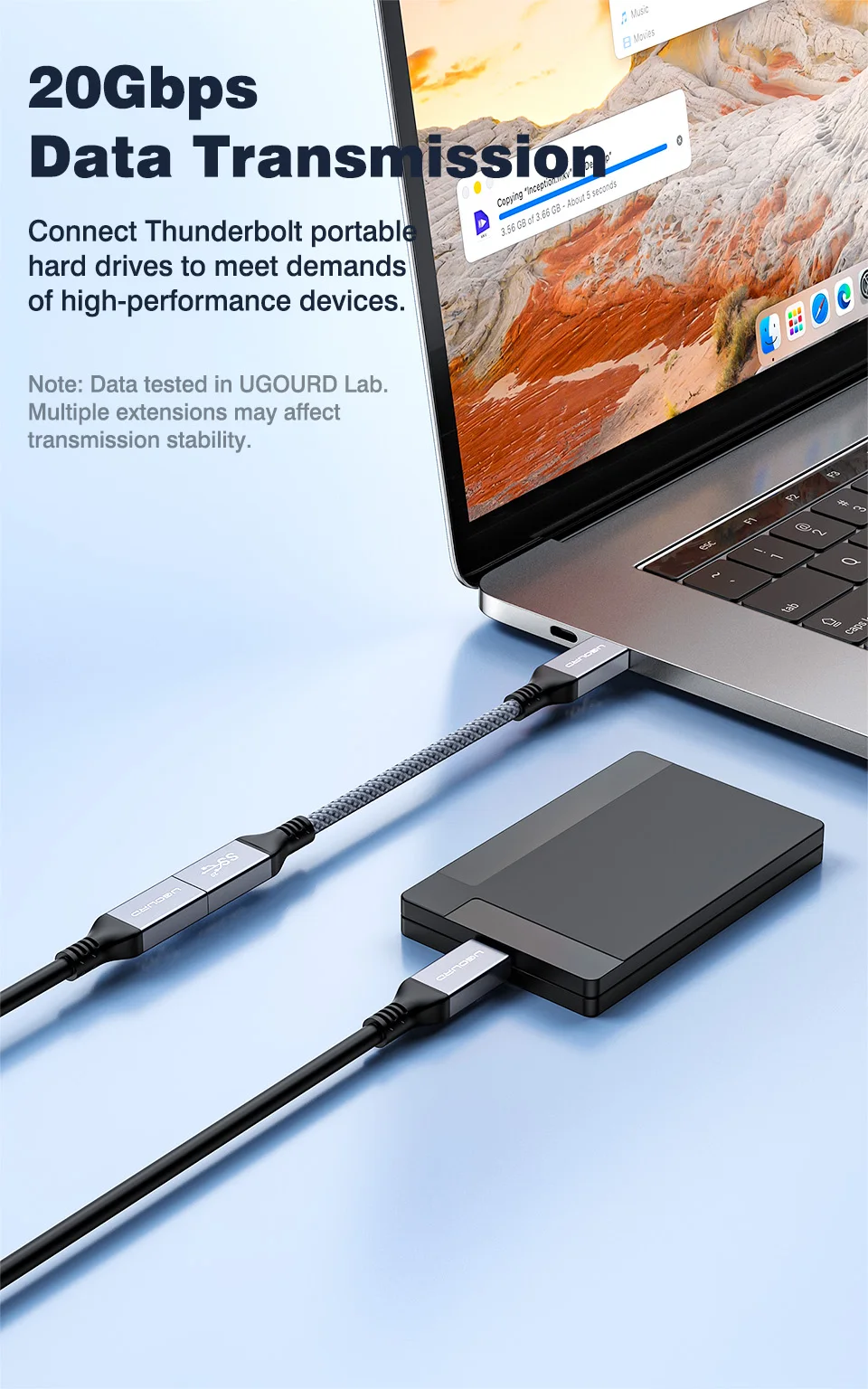 UGOURD Typ-C Verlängerungskabel 20Gbps USB3.2 Gen2 PD100W Schnellladung Vollfunktions-USB-C-Stecker auf -Buchse Geflochtenes Daten- und Videokabel – Detail 2