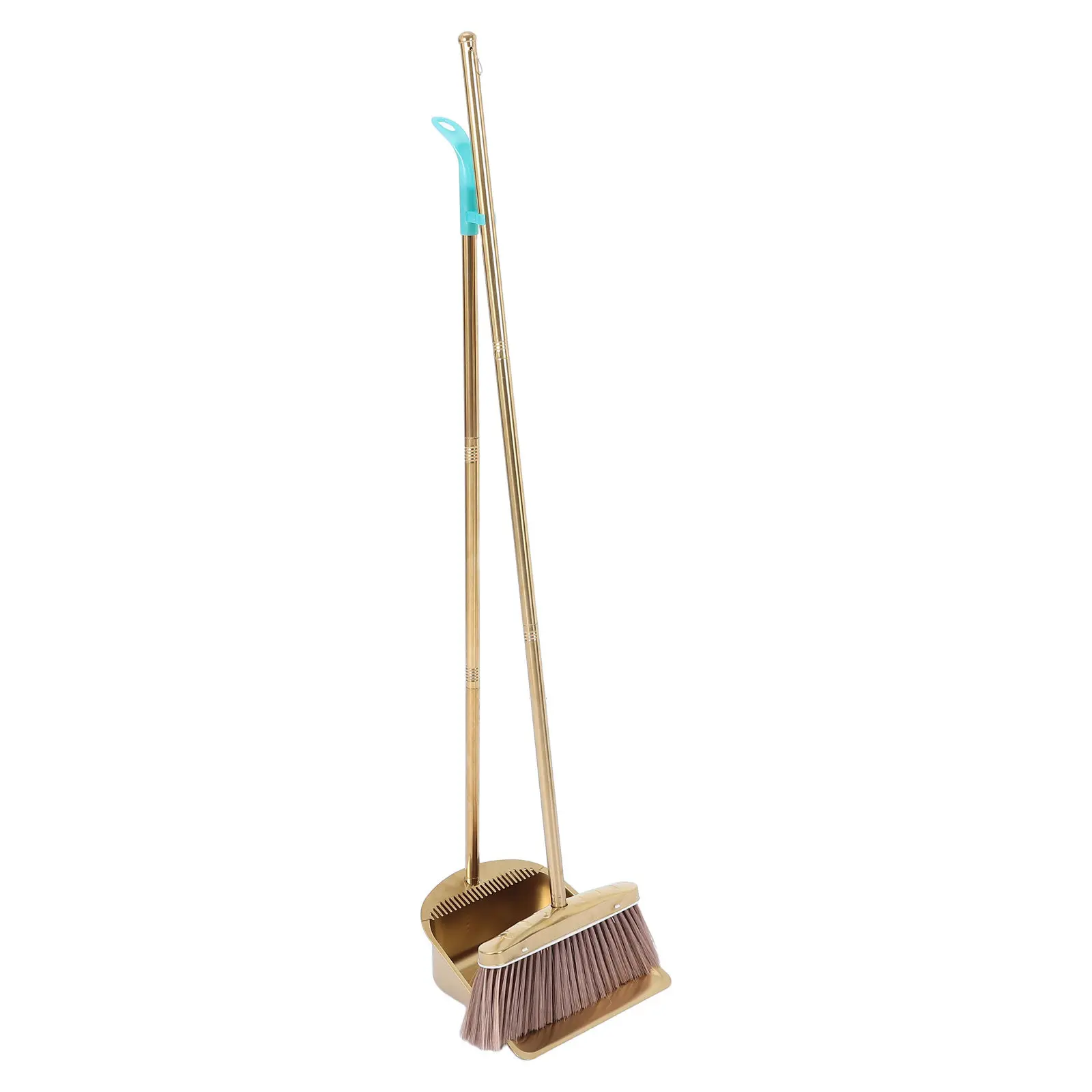 1 Set Gold Broom And Dustpan Set Upright Standing Metal Dust Pan With Comb Teeth Long Handle Broom For Kitchen Restaurant Sweep