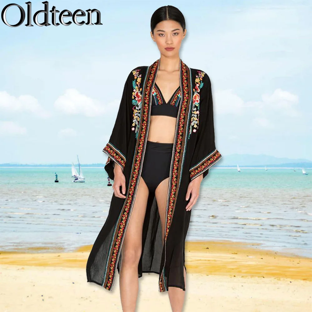 

New Fashion Cotton Embroidery Summer Beach Swimwear Women's Beach Long Sleeved Cardigan Street Casual Loose Sunscreen Cover Up