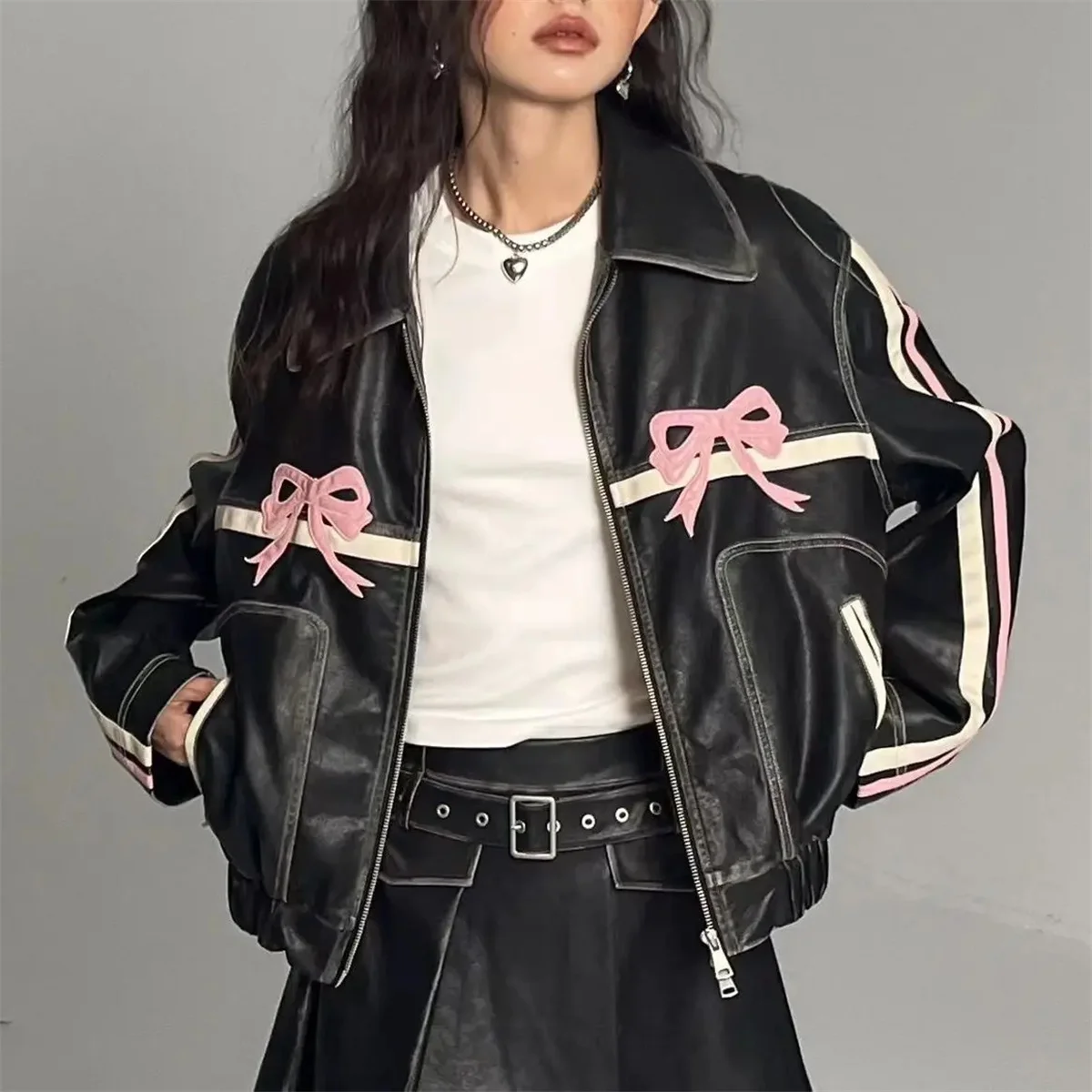 Women Vintage Lapel Collar Jackets Harajuku Bow Zipper Pu Overcoat Female Casual Tops Winter Autumn Streetwear Chic Y2k Clothes