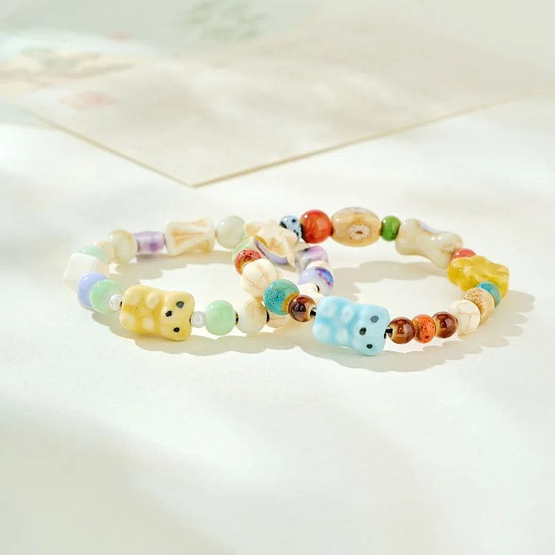 Cute Cartoon Bear Ceramic Beads Stretch Bracelet Multi-Color Mixed Beads Wrist Jewelry Daily Party Jewelry Gift for Women