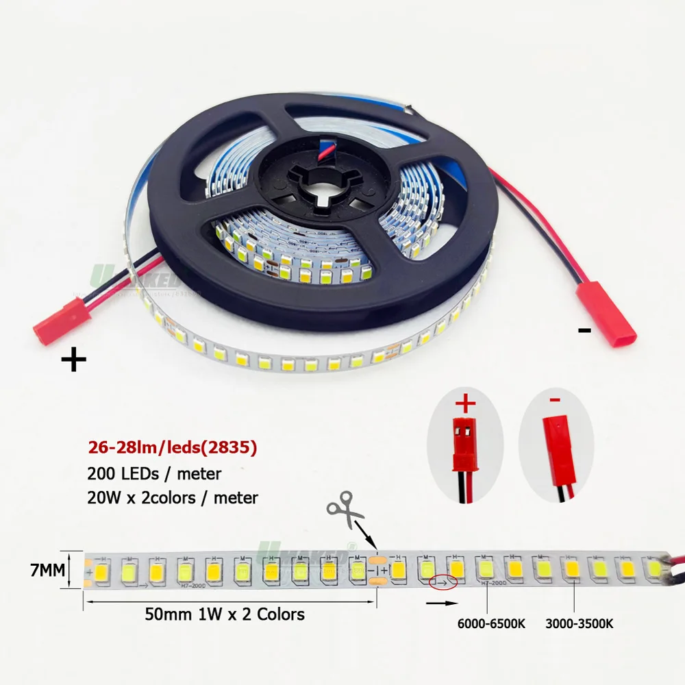 LED Strip SMD2835 200D/M 2Pin 3Pin 300mA Constant Current Fexible Light 3000K+6500K (51-60W)x2Colors For Indoor Chandelier Lamps