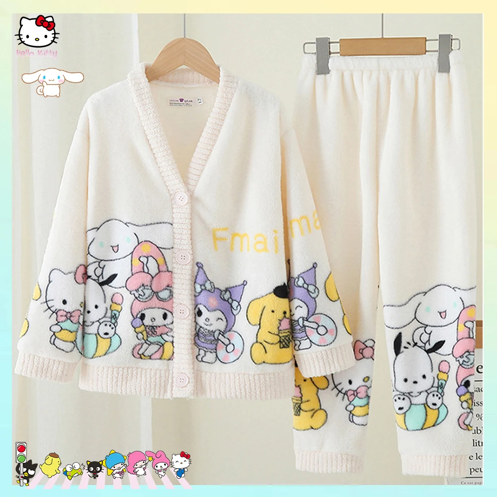 2Pcs Cinnamoroll Anime Sanrioed Kawaii Parent-Child Pajamas Cardigan Winter Kuromi Melody Cute Coral Velvet Homewear Clothes Kid