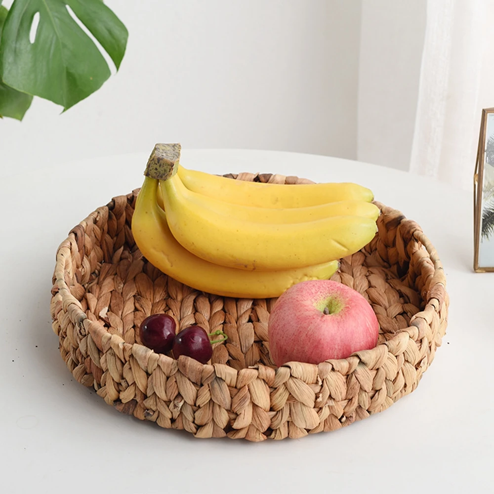 Decorative Round Basket Tray Natural Woven Fruit Vegetable Storage Tray with Handle Grass Weaving Storage Baskets Serving Trays