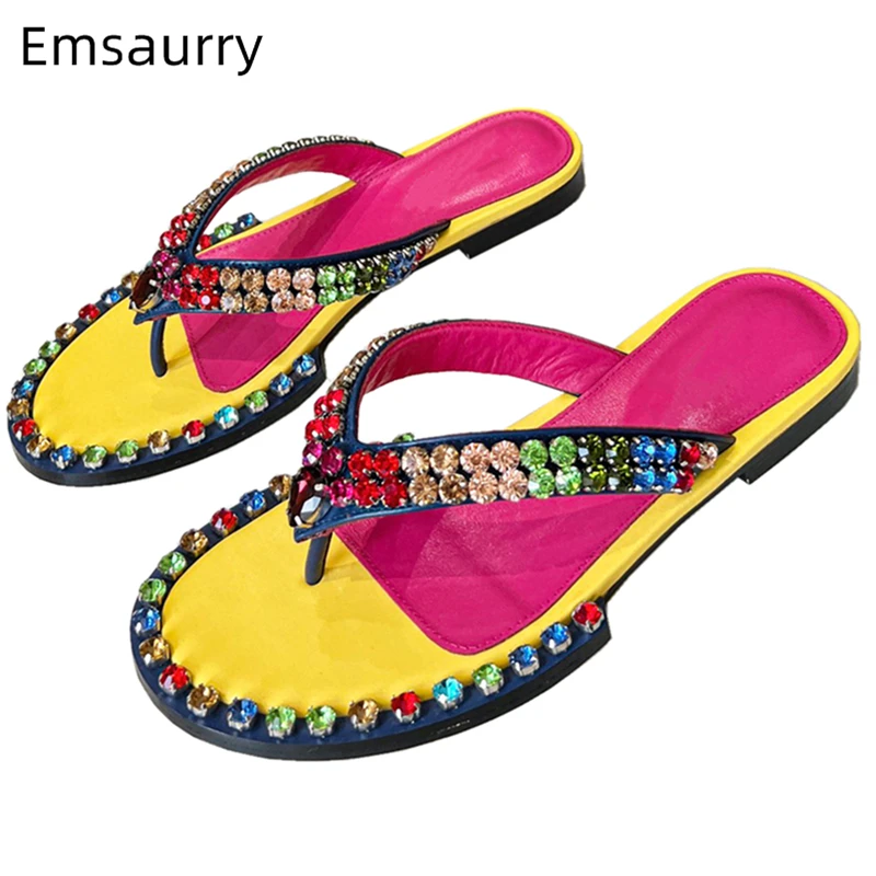 

Colorful Rhinestone Flip Flops For Girls Summer Genuine Leather Flat Heel Multicolor Outwear Slippers Women