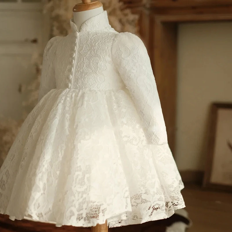 Long Sleeve Lace Ball Gown Flower Girl Dresses With Button 2022 Zipper Back High Neck Princess Baby Girls Dress Birthday Party
