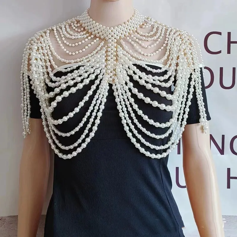 1SET shawl body chain jewelry pearl chest chain for women fashion party pearl shoulder chain dresses