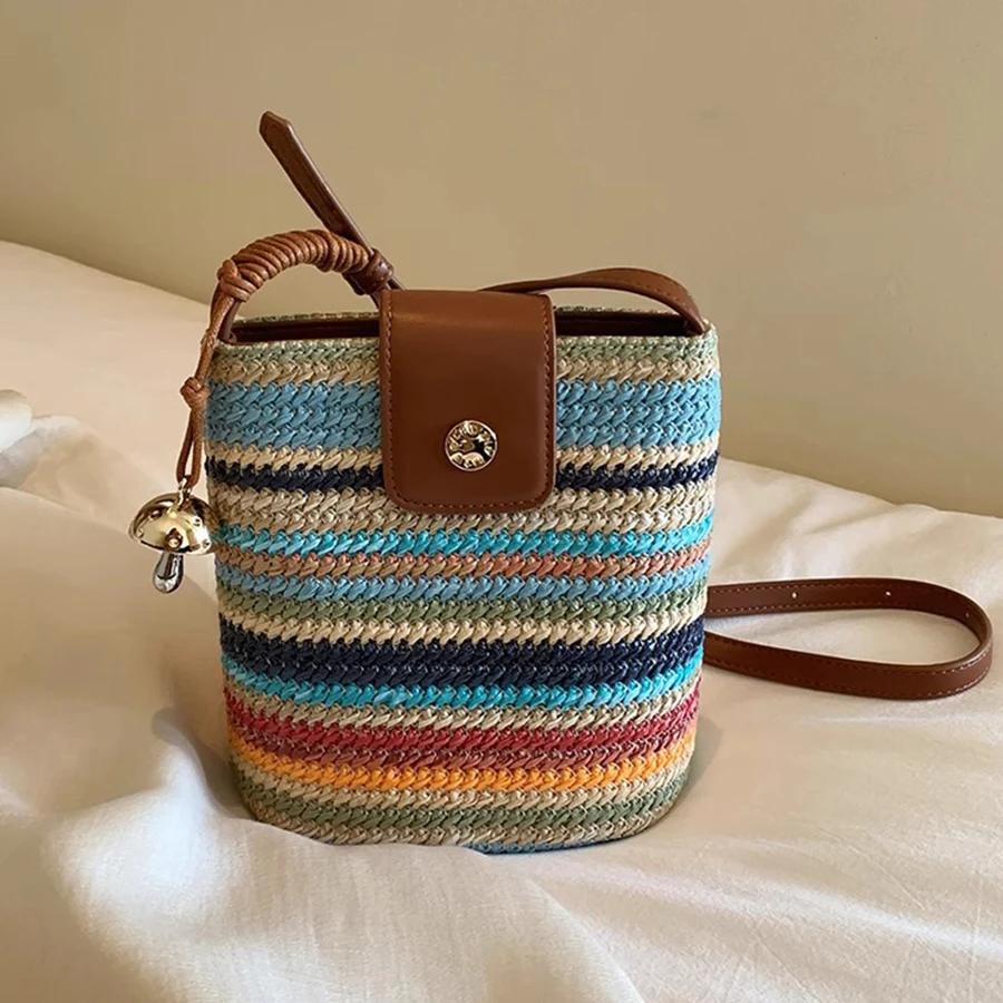 

Women Rainbow Straw Tote Bag Wear Resist Hand Woven Bucket Bag Small Vacation Handbag Leisure Crossbody Bag with Matching Clutch