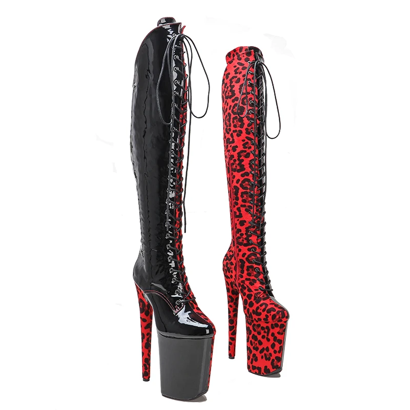 

Leecabe 23CM/9inches Black patent with red Leopard fashion lady High Heel platform Pole Dance boots knee high boots 5B