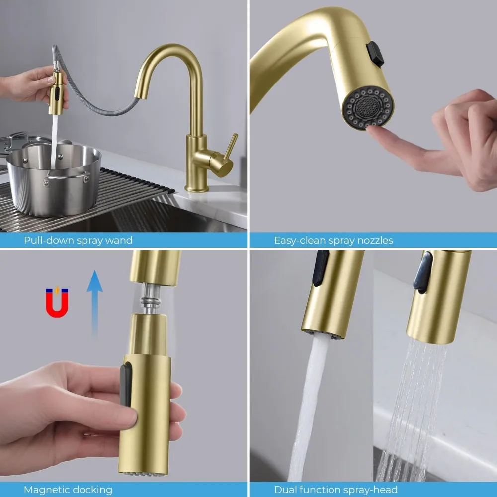 Pull-Down Kitchen Faucet with Soap Dispenser - High Arc Spout, Solid Brass, Single Handle, Brushed Gold Finish