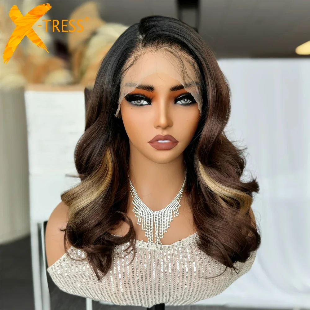 X-TRESS Highlight Synthetic Lace Wigs 18inch Short Bob Hair 13x6 Free Part Lace Front Wigs Pre-Plucked Body Wave Wig for Women