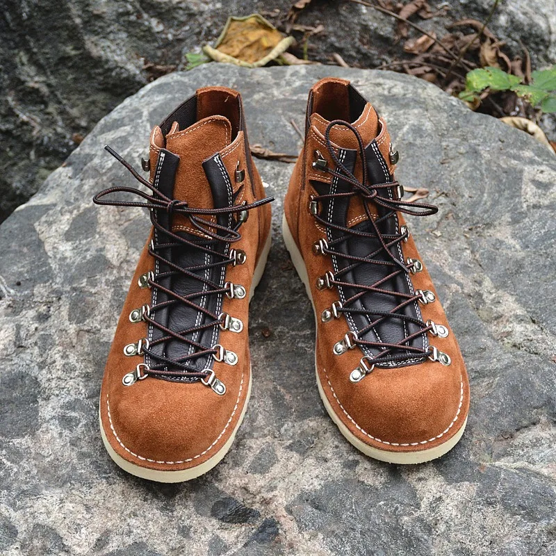 Handmade Outdoor Mountaineering Waterproof Work Oxford Shoes Men's Genuine Leather Thick Sole Platform Brown Motorcycle Boots