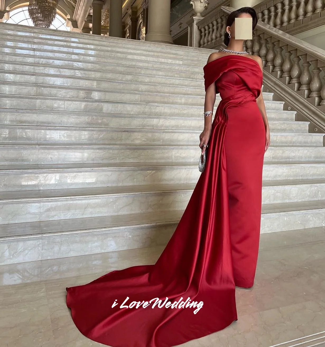 

Red One Shoulder Prom Dresses 2025 Satin Strapless Mermaid Evening Dress Floor-Length Train Pleat Wedding Party Dress Customized