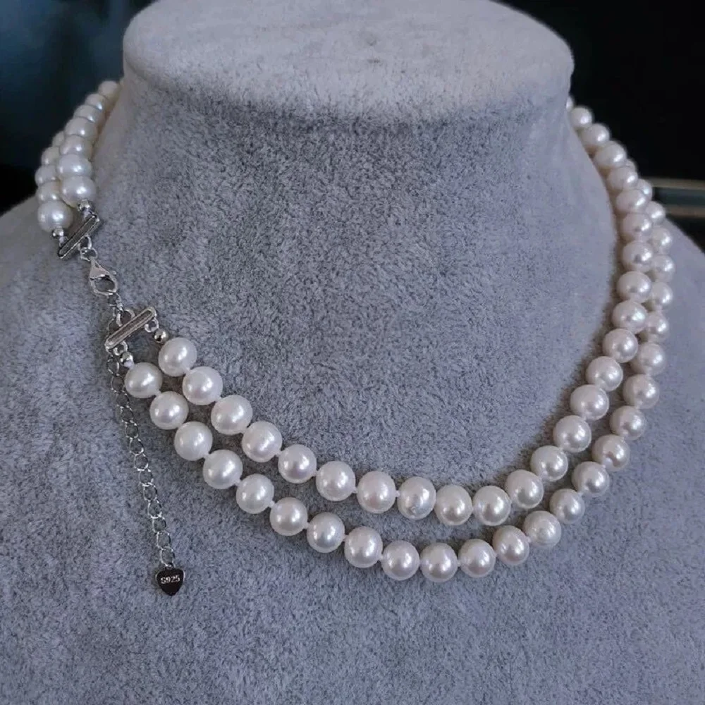 

2-Row - AAAA 8-9mm Natural South Sea White Pearl Necklace 18 "19 in" 925-