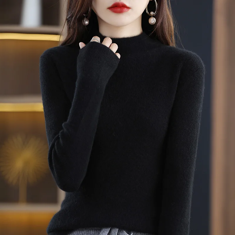 Hot selling Women Knitwear Cashmere blend Pullover Fashion Wool Sweater Half height collar Slim fit style Thick Warm Basics Tops