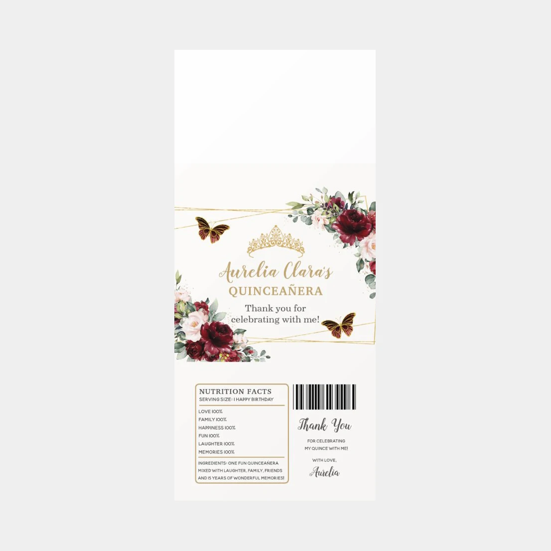 Custom Personalized Burgundy Blush Floral Quinceañera Tiara Butterfly Anniversary Napkins Chocolate Wrapper Party Supplier