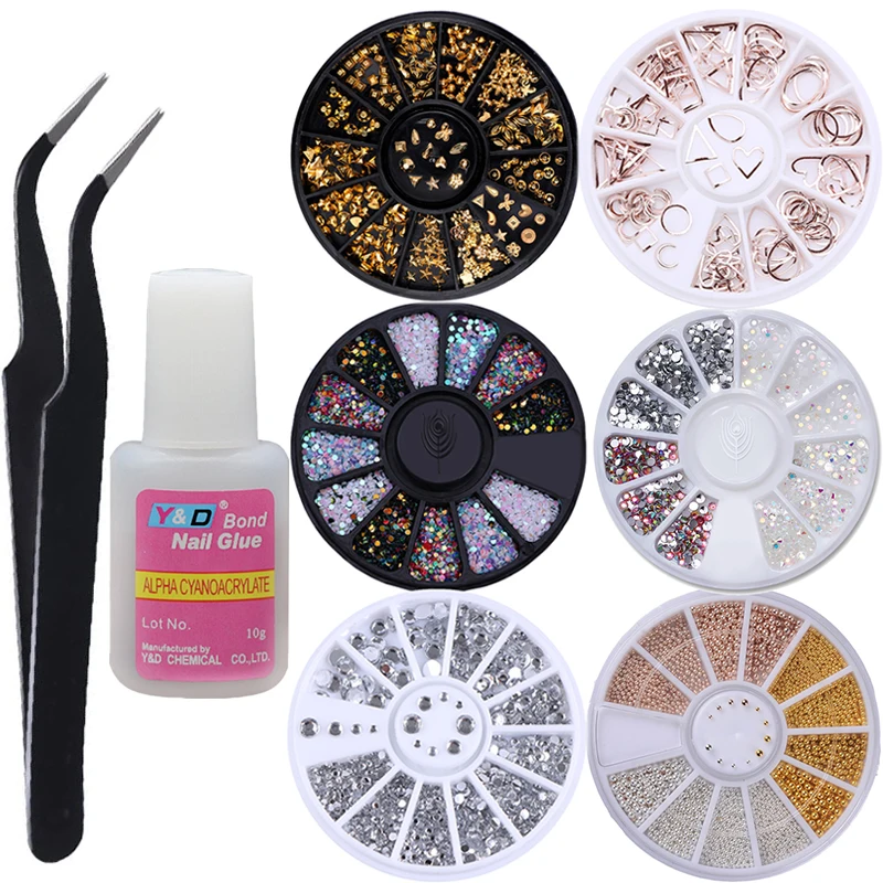 4Pcs Nail Art Glitter Rhinestone Set Nail Glue Tweezer with Crystal Gems Jewelry Bead Manicure Nail Supplies For Professionals