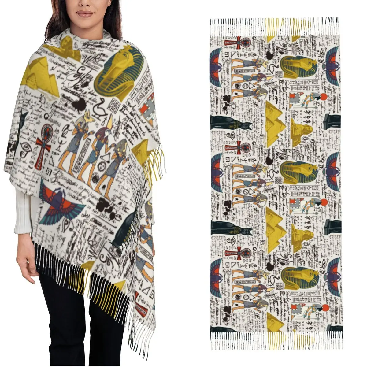 Ancient Egypt Theme Murals Culture Shawl Wrap for Womens Warm Large Soft Scarf Egyptian Pharaoh Gods Pashmina Tassel Scarves