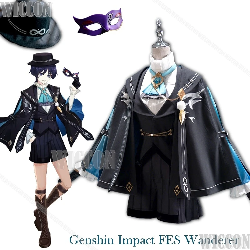 Genshin Impact FES Wanderer Balladeer Cosplay Mantello Uniformi Cappello Maschera Carnevale di Halloween Vestito unisex Parrucca 2026 Carnevale Navidad