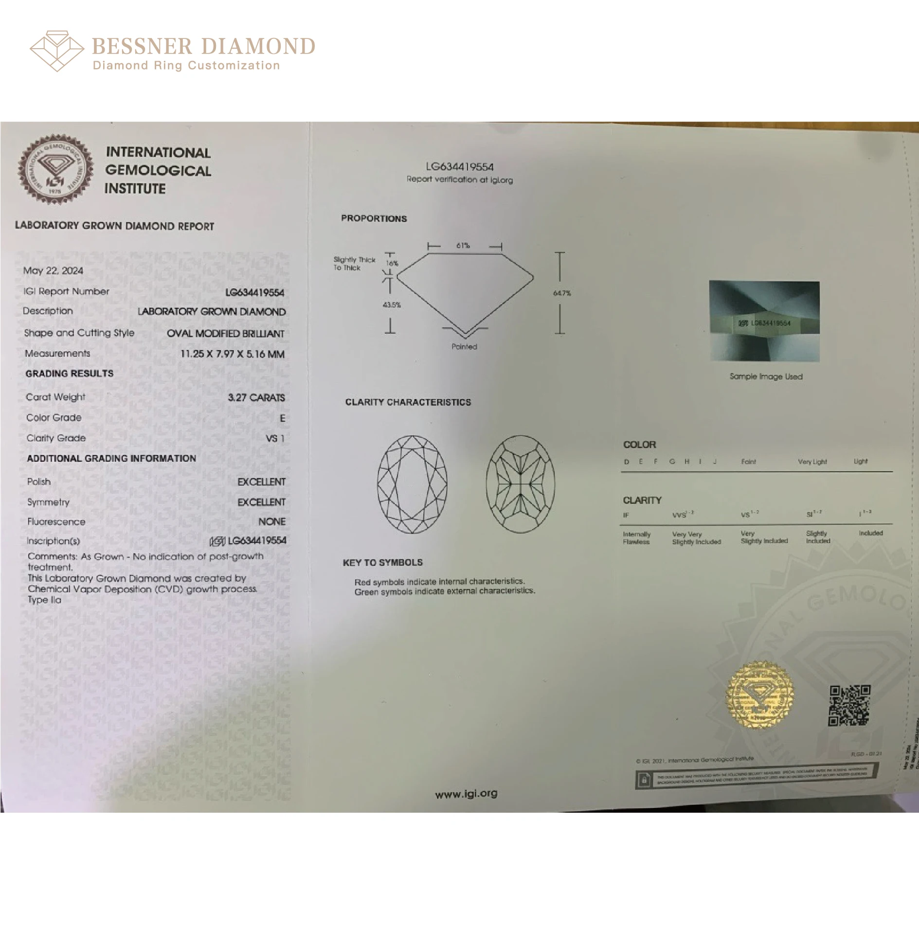 O laboratório do IGI cultiva o diamante CVD HPHT, cor elíptica VS1 do corte E EX 3,27 quilates