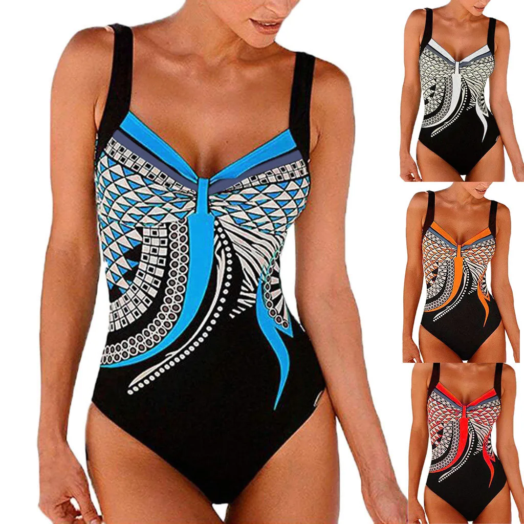 Ladies\' Enthic Style Graphics Printed Retro Summer Backless Sexy Fashion Swimwear Sreamless One Piece Sling Bathing Clothing