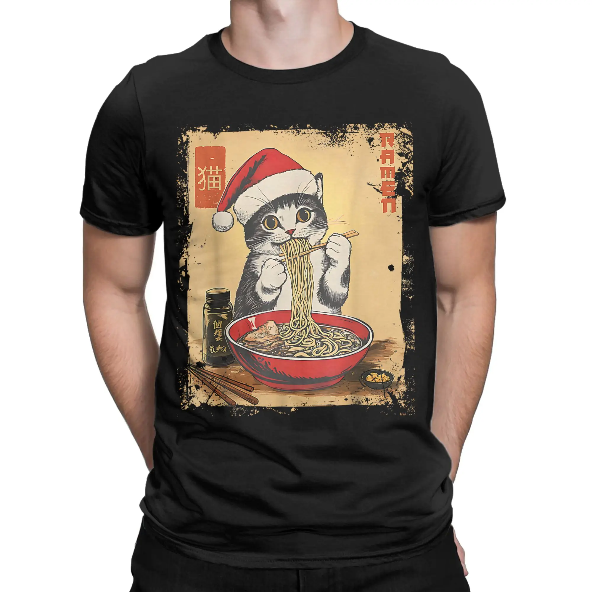 Funny Christmas Santa Cat Ramen Japanese Kawaii Anime Cat T Shirt  T Shirts Short-Sleeved Tshirt Cotton Round Neck Oversize Tees
