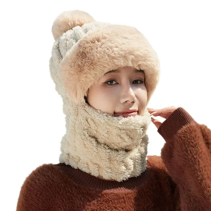 Warmth Knitted Hat with Scarf Face Cover Plush Thick Pullover Hat for Outdoor 