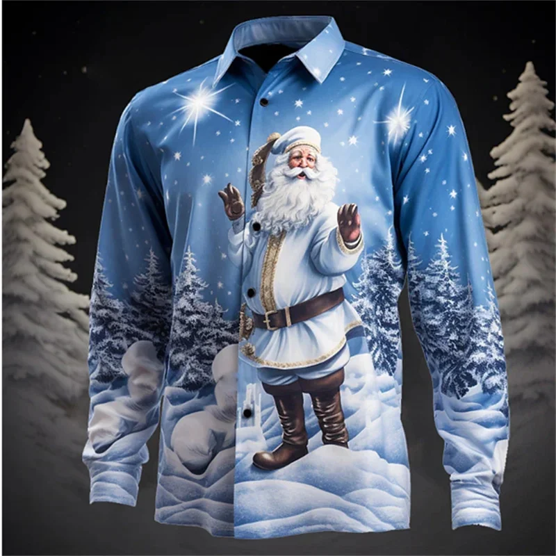 2024 New Year\'s Gift Santa Claus Casual Men\'s Shirt Autumn and Winter Long Sleeve Light Blue XS-6XL Stretch Fabric Shirt