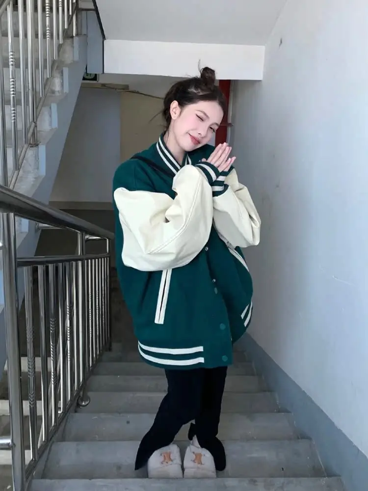 

Baseball Jackets Dark Blue Womens Spring Korean Style Fashion Trendy Harajuku Casual Streetwears Youthful Popular Teen Girls Y2K